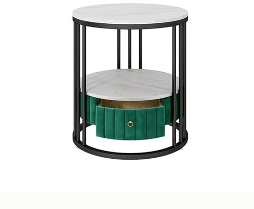 KHLMSRXJ Comodino Moderno in Velluto per Camera da Letto con cassetto, Comodino con Piano in Marmo a 2 Ripiani, tavolino Rotondo con Struttura in Metallo e Spazio di archiviazione Aperto, t