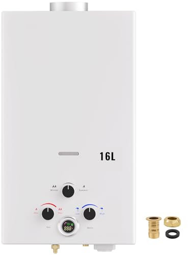 Scaldabagno a Gas 16L, All'aperto Portatile Scaldabagno Istantaneo a Propano con Display Digitale Multi-Protezione, Parete senza Serbatoio Scaldacqua Istantaneo Automatico, bianco