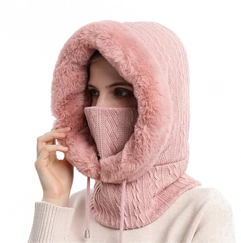 AMEEDA Kapuzenschal Damen Wintermütze, Maskenset, mit Kapuze for Damen, gestrickt, Kaschmir, Hals, warm, Outdoor, Ski, Winddicht, Mütze, Dicker Plüsch, Flauschige Mützen(Pink)
