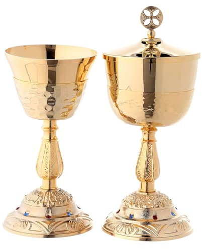 Holyart Cáliz y Copón Base Decorada con Piedras y Nudo en fusión, CálizAltura píxide Doble: 15.5 cm|Diámetro Copa Cáliz: 7 cm|Diámetro píxide: 8 cm|Altura cáliz: 15 cm