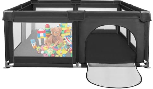 Laufstall Baby, Laufgitter Baby mit Saugnäpfen, Baby Laufstall mit Atmungsaktivem Netz, große Sicherheitsspielplatz, Laufstall mit Reißverschlusstür (Schwarz,120 * 120 * 66cm, mit 50 Ozeanbällen)