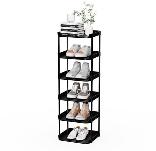 Altdnmaf 6 Ebenen Schmal Schuhregal, Mehrschichtiges Hoch Schuhregale Platzsparend, Stapelbar Klein Standregal, Vertikales Plastik Regal, Shoe Rack für Treppe, Flur, Küche, Schlafzimmer, Schwarz