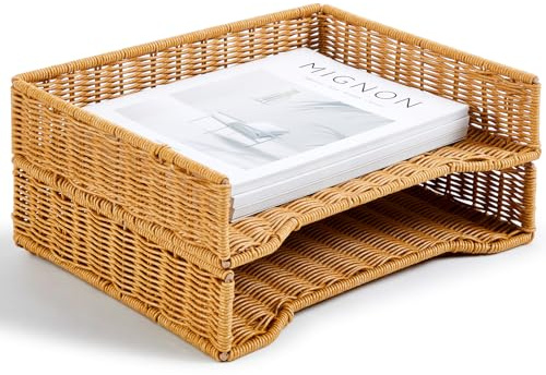 Yeaqee Lot de 2 bacs à papier tissés pour bureau - Organiseur de fichiers A4 - Panier à papier imitation rotin pour bureau (marron, motif oreilles de blé)