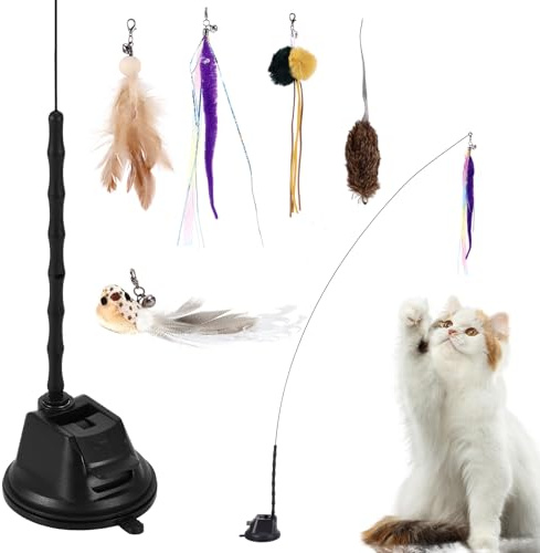 DEECOZY Katzen Spielzeug mit Saugnapf und Federn, Interaktives Katzenspielzeug Set, Katzenangel Stabil mit 5 Stück Ersatzfedern und Glocken, Intelligenz Katzen Spielzeug für Katzen Zauberstab