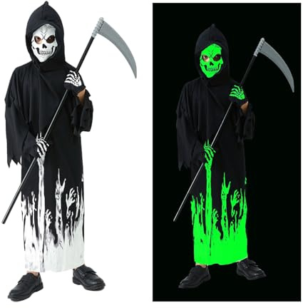 AEYAKA Costume Grim Reaper Fosforescente, Cappuccio Nero Halloween Regali | Maschera Teschio, Guanti, Falce Costume Fantasma Spaventoso Cosplay Halloween Regali