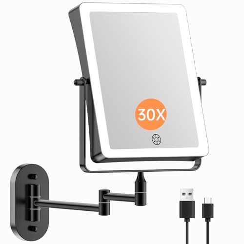 Famihomii 5000mAh Wiederaufladbar Kosmetikspiegel mit LED Beleuchtetung, Schminkspiegel mit 1-/30X Vergrößerung Und Touchschalter Batterie, Dimmbarer Rasierspiegel 360° Schwenkbar Wandmontage
