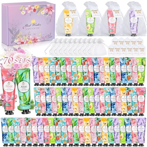 70 SETS Hand Cream Gift Set - 210PCS Christmas Mini Hand Cream for Women | 70 PACK Small Organza Bags & Thank You Cards,Plant Fruit Flavour Daily Moisturising Cream,Travel Hand Lotion Bulk(1400ml)