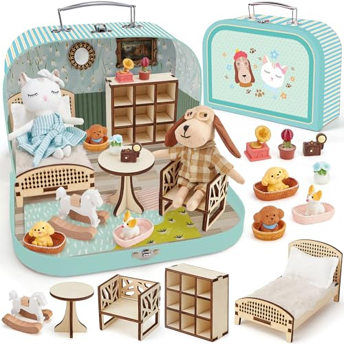 Maison de Poupée Valise Portable avec Accessoires, Mini Maison DIY avec Chat et Chien en Peluche, Meubles en Bois, Jeu d’Imitation, Idée Cadeau Anniversaire Noël pour Enfants Fille Garçon dès 3 Ans