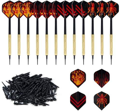 SUPERWSLING Set di 12 freccette con punta in plastica, frecce morbide con 24 bacheche extra, 100 frecce intercambiabili, stabili e flessibili in plastica (nero rosso)