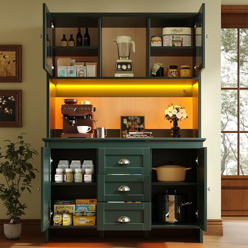 A ALFRESCOOL Armario buffet alto, armario de cocina, aparador, con puertas de cristal marrón e iluminación LED, 4 puertas y 3 cajones, para cocina, comedor, 120 x 40 x 179 cm (verde)