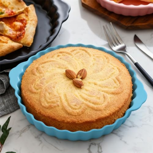 Bcuuozeeing Stampo per torta in ceramica con manici, 17 x 20 x 3,8 cm, in ceramica, rotondo, con bordo ondulato, per quiche, forno a microonde, lavastoviglie e forno, colore: blu