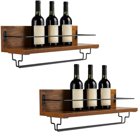 SUNNYNEST Wall Mounted Wine Rack Rustic Floating Shelves with Metal Guardrail & Wine Glass Holder, Space-Saving Wood & Metal Wine Bottle Rack for Kitchen Dining Room Home Bar