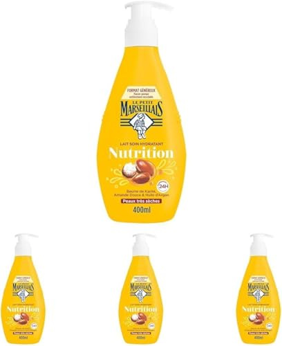 Le Petit Marseillais - Lait Soin Hydratant Nutrition (Flacon-Pompe de 400 Ml) – Lait Corps pour Peaux Très Sèches Hydratation 24H – Lait Corporel au Beurre de Karité, Amande Douce et Huile d'Argan