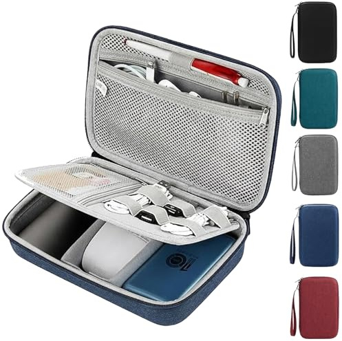 Arae Hard EVA Electronics Travel Organizer Case - Tech Pouch for Power Bank, Cables, Charger & Hard Drive - Waterproof Portable Storage Bag (Dark Blue, L)
