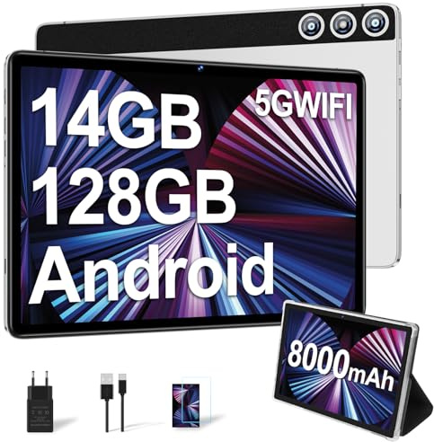 DMOAO Tablette 10 Pouces avec 14 Go RAM + 128 Go ROM, 1 to Extensible, Tablette Android, Octa-Core, WiFi 5G, Caméra 8MP + 5MP, 8000mAh, BT5.0 / GPS, Argent