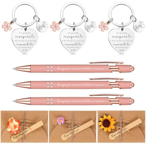 Tenare 3 Set Idee Regalo Insegnanti Regalo Maestra Fine Anno 3 Penne a Sfera Rosa 3 Portachiavi 3 Buste con Fiori Regalini per Grazie Insegnante Professoressa Asilo Elementare Laurea Compleanno