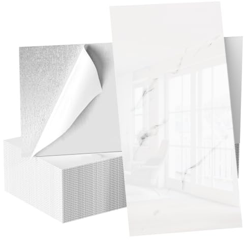 White Peel and Stick Marble Tile Stickers, 30 x 60 cm Large Self Adhesive Wall Tiles, 10 Pack PVC Marble Tile Decals for Kitchen Backsplash Bathroom Wall Decor, Water Resistant Removable Tile Film