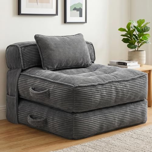 JUOIFIP Sofá Cama Plegable Individual, Sillón Cama Convertible con Cojines y Soporte Lumbar, Sofá de Suelo Portátil para Salón, Dormitorio, Apartamento y Habitación de Invitados, Gris