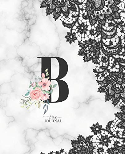 Dotted Journal: Dotted Grid Bullet Notebook Journal Marble Black Lace Monogram Letter B with Pink Flowers (7.5” x 9.25”) for Women Teens Girls and Kids