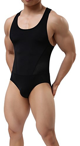 TESOON Men's Stretch Jockstrap Singlet Leotard Bodysuit Bodywear Underwear, Black, Medium