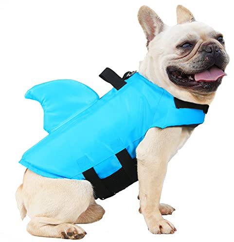 FONLAM Dog Life Jackets High Visibility Pet Safety Vests Puppy Swimsuit Small and Medium Dogs Lifejackets Swimming Vacation Shark (Large, Blue)