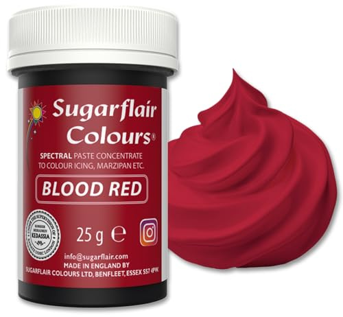 Sugarflair Lebensmittelfarbpaste Blood Red, Konzentrierte Spectral Lebensmittelfarbe für Buttercreme, Zuckerpaste, Zuckerguss, Kuchenmischungen, Macarons und mehr! - 25g | Hochkonzentrierte Farbpaste für Fondant, Marzipan und Modellierpaste, Farbintensität Aufbaubar