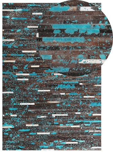 Beliani Tapis Motif Patchwork 160 x 230 cm en Peau de Vache Marron et Bleu Kisir