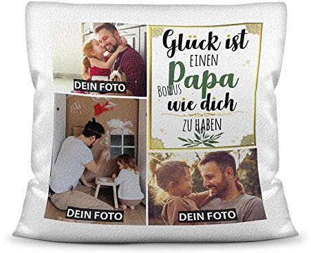 PR Print Royal Kissen mit Füllung - Fotocollage selbst gestalten mit Spruch für Bonuspapa - GLÜCK - mit DREI eigenen Fotos - Geschenkidee Fotokissen - Kissen Polyester - Weiß flauschig
