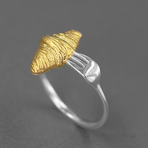 WSZJLN Good Morning 925 Joyas de Plata esterlina Anillo de Apertura de Tenedor de Croissant de Oro de 18 Quilates