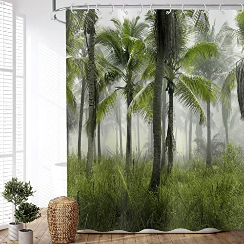 ASDCXZ Duschvorhang Wald 180x180 cm, Naturlandschaft Grün Palme Nebelig Wald Motiv Wasserdicht Textil Bad Duschvorhänge Waschbar Polyester Stoff Duschvorhang für Badewanne mit 12 Duschvorhang Hake