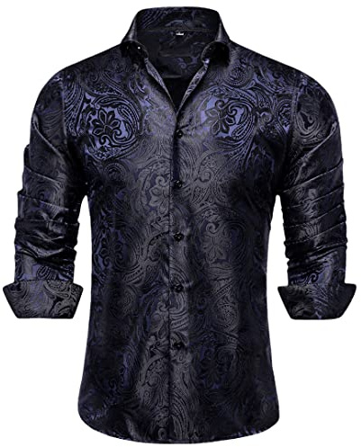 Camisa de seda de cachemira azul y negra para hombre, para boda, fiesta, satén, manga larga, vestido de esmoquin, Cyc-2019, X-Large