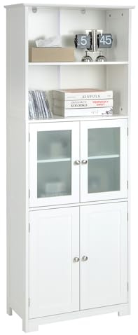 GOPLUS Badezimmerschrank mit Ablagen & Schänke, Hochschrank mit Glastüren & verstellbaren Regalen, Badkommode Aufbewahrungsschrank für Wohnzimmer, Bad & Küche (Weiß)