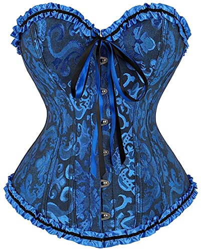 SZIVYSHI Corsé de Satén para Mujer en Negro y Azul Sexy con Vestido Pirata, Top de Cuero y Falda para Fiesta Steampunk o Medieval - S