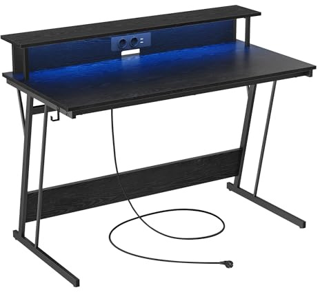 VASAGLE Scrivania da Gaming con Luci LED e Prese di Corrente, Scrivania da Computer, Supporto per Monitor, Tavolo per 2 Monitor, Ufficio, Camera da Letto, 60 x 120 x 76 cm, Nero Ebano LWD192B56