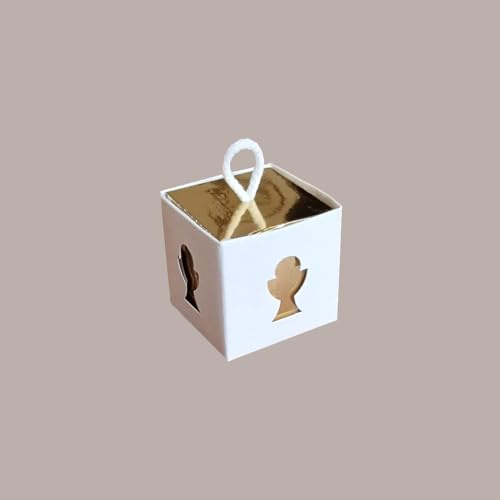 Lucgel Srl Lot de 20 boîtes blanches pour dragées, avec intérieur doré, avec cordon graphique, calice blanc, porte-dragées, 5 x 5 x 5 cm