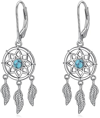VONALA Boucles d'oreilles attrape-rêves pour femme et fille - Argent sterling - Turquoise/pierre de lune/cristal - Plume - Style bohème - Cadeau pour femme et adolescente, 35*11.5mm, Argent, Turquoise
