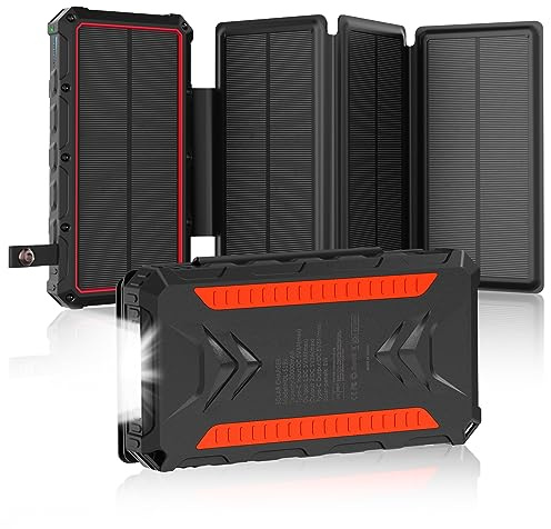 Batterie externe solaire 20 000 mAh, chargeur solaire 3 A, charge rapide avec 2 sorties et entrée USB-C, batterie externe étanche avec 4 panneaux solaires et lampe de poche pour smartphones et camping
