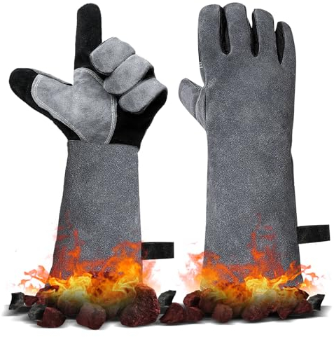 JUNUNDJING Guanti Barbecue in Pelle professionali, Guanti da Forno per Barbecue, Utilizzati per la BBQ Fumatori Cucina, Guanto Resistenti Fuoco, Anti Calore, Morbidi e Sicuri, 1 Paio, 40x20 cm, Grigio