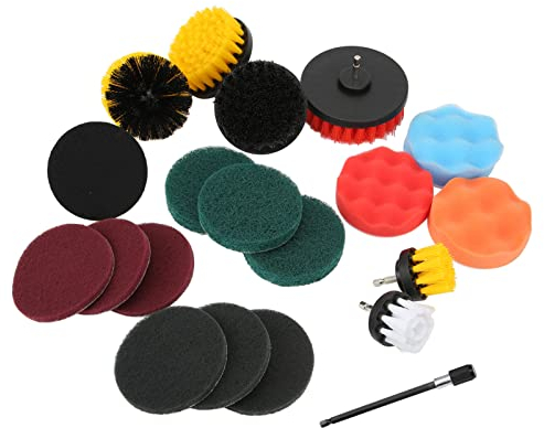 20pcs Drill Brush Attachments Set with 6 Size Brushes, 9 Scouring Pads, 3 Scrub Sponges, 1 Extension Rod, and 1 Plastic Tray for Home Car Cleaning