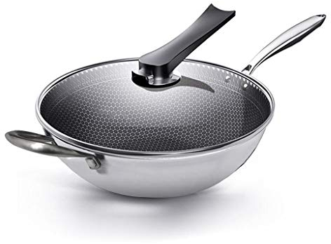 Rauchfreie Bratpfanne Antihaft-Bratpfanne Edelstahl-Wok-Waben-Bratpfanne mit Glasdeckel Schmorpfanne Küchenkochgeschirr (Größe: 34 cm)