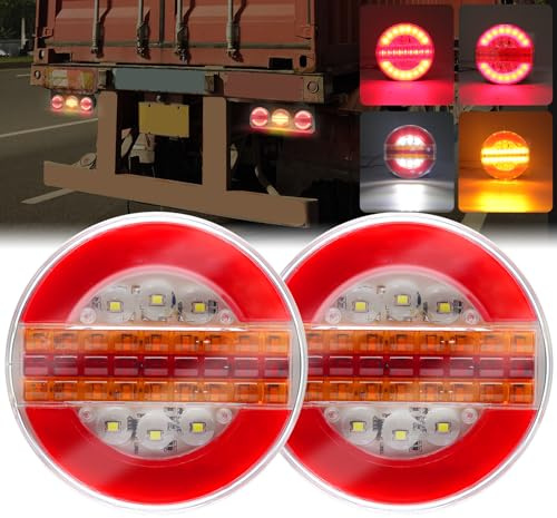 YnGia LED Feu Arrière de Remorque Hamburger Light, 2PCS Feu Arrière de Frein de Camion Rond Feu Clignotant Séquentiel 12V 24V pour Remorque Camper Caravan Van Lorry Tracteur Bus Bateau