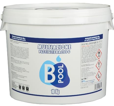 B POOL Multiazione 200 GR. Pastiglie ad azione Sanitizzante, Stabilizzante, Antialghe, Flocculante per il trattamento dell'acqua della tua piscina. Formato da 10 Kg