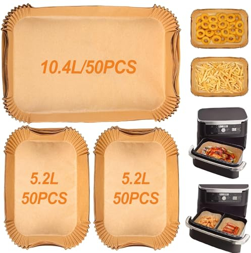 150 pezzi di carta da forno per friggitrice ad aria calda Ninja AF500EU AF500EUCP, Cecotec 9000, 100 pezzi di carta da forno rettangolare Airfryer per 5,2 l, 50 pezzi per friggitrici ad aria 10,4 l e