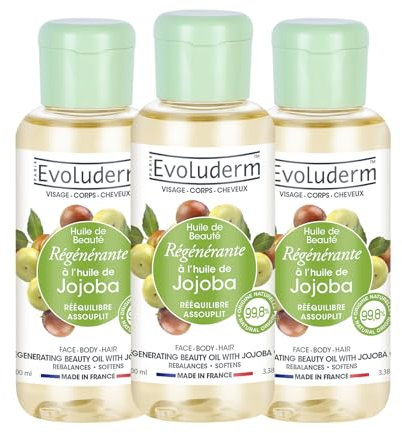 EVOLUDERM - Huile de Beauté à l'Huile de Jojoba - Huile Végétale - Visage, Corps, Cheveux - 100 ml - 99,8% d’Origine Naturelle - Végan - Fabrication Française - Lot de 3 x 100 ml