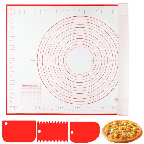 VFANDV Tapete de Silicona Para Hornear, 60 x 40 cm Tapete de Silicona para Amasar, Antiadherente Alfombrilla Hornear Reutilizable Baking Mat para Repostería, Hornear, Pastelería (Rojo+3 Raspador)