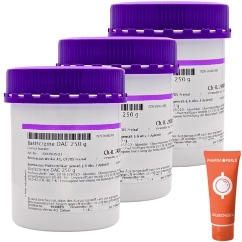 Basiscreme DAC 3x 250 g I Hautpflege I Neurodermitis, Psoriasis, Schuppenflechte, Akne I Trockene Haut I Juckreiz I Subakut-chronisch entzündliche Hauterkrankungen I Spar-Set plus Pharma-Perle