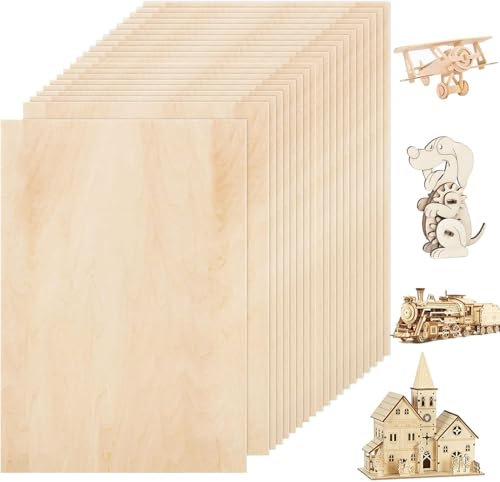 Abaigeal 24Pcs Unfinished Plywood Sheets, 300x200x2mm Balsa Wood Sheets, Rectangular A4 Wood Sheets for Wood Craft Painting Engraved Model Making Projects