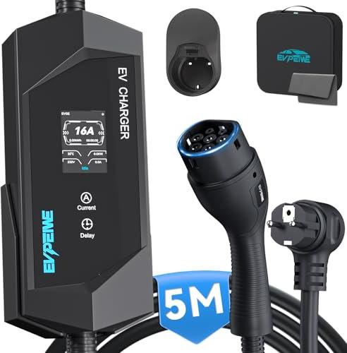 EVPEIWE EV Cargador Cable de Carga Tipo 2 Schuko [3,68 kW, Corriente Regulable 6-16A, 5M] Cargador Coche Eléctrico Portátil para Vehículo Eléctrico IEC 62196-2, IP65 Estación de Carga EV con Bolsa