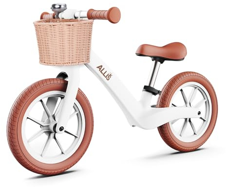 Allis LUMI 12 Balance Bike with Basket and Bell - Training Bike for Toddlers with Adjustable Seat for Age 2-5Y - Sturdy Design Puncture Proof Tires and Rust Resistant Frame - White