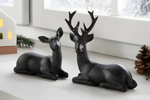 Dekoleidenschaft 2X Dekofigur REH & Hirsch aus Polyresin, matt schwarz, Tierfigur, Weihnachtsdeko, Tischdeko
